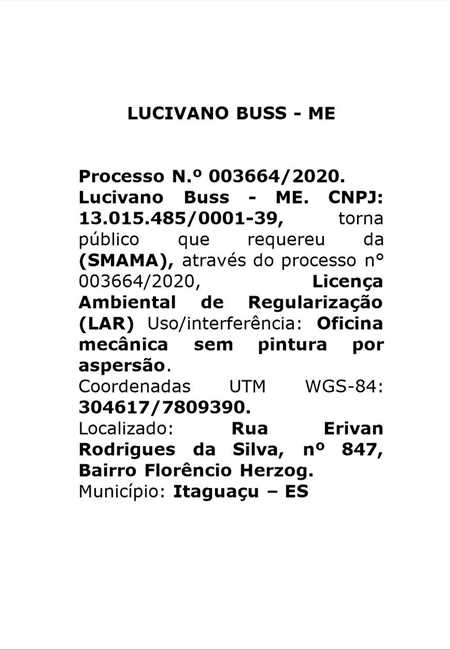 Licença Ambiental Requerida -LUCIVANO BUSS - ME
